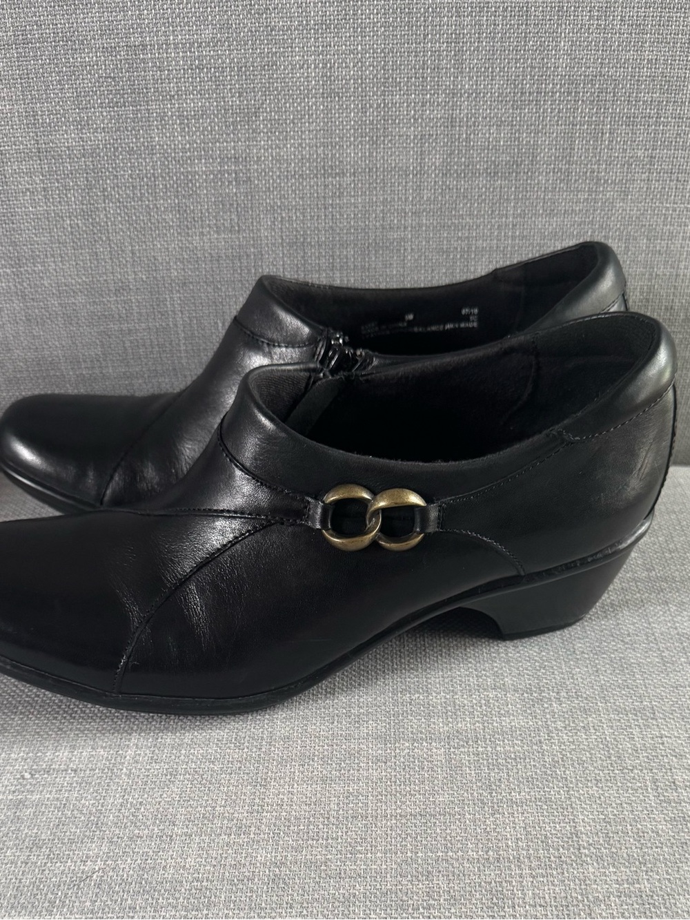 Clarks Black Leather Low Heel Slip-On Shoes with Brass Double-Ring